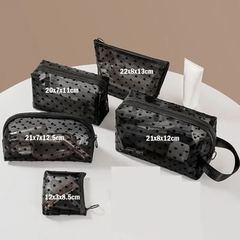 sac de maquillage en maille transparente en forme de cœur, pochette de rangement de cosmétiques portable multifonction pour femmes, sacs de rangement de rouge à lèvres de toilette pour dames