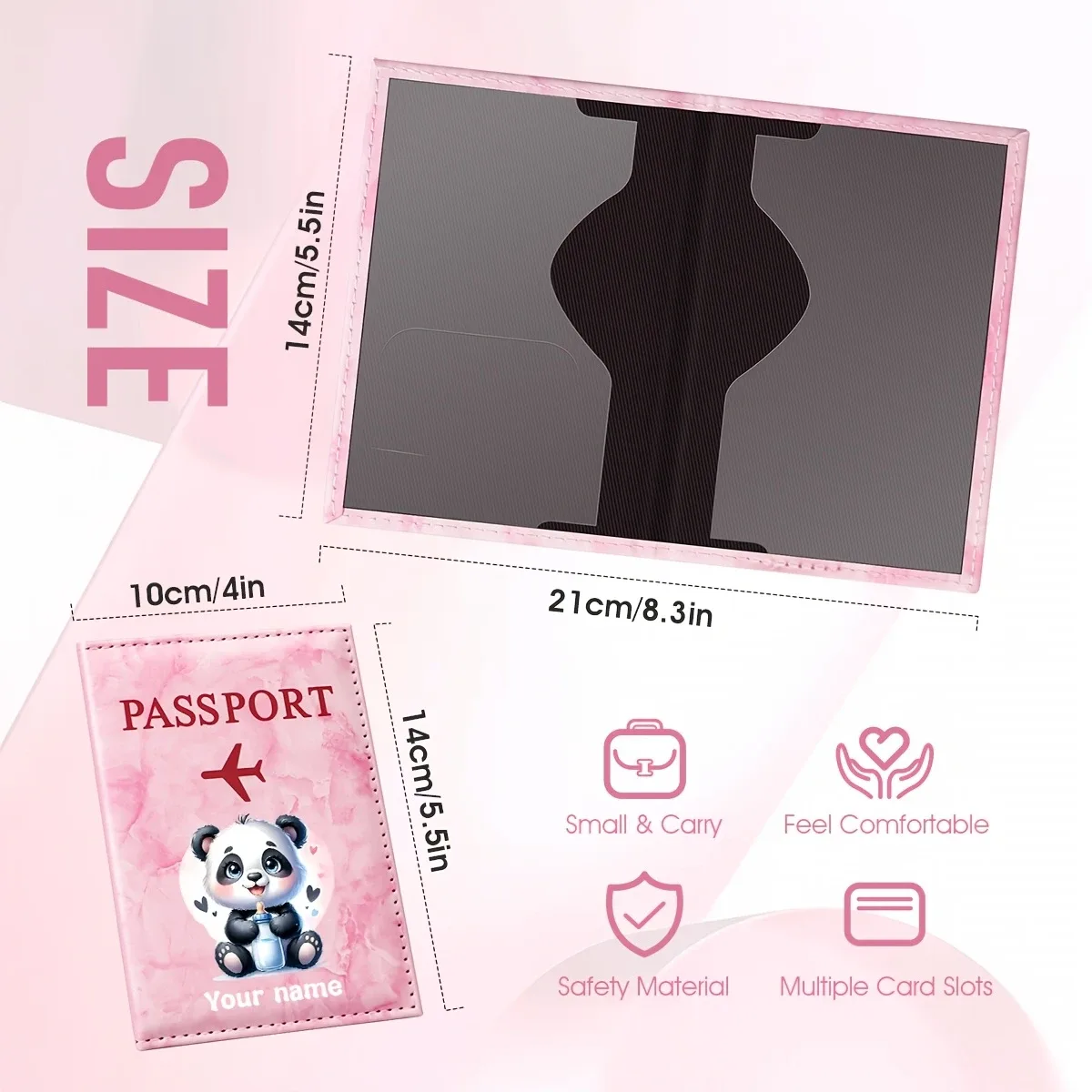 porte-passeport personnalisé avec nom, design d'illustration de panda mignon, motif de panda adorables tenant un cœur
