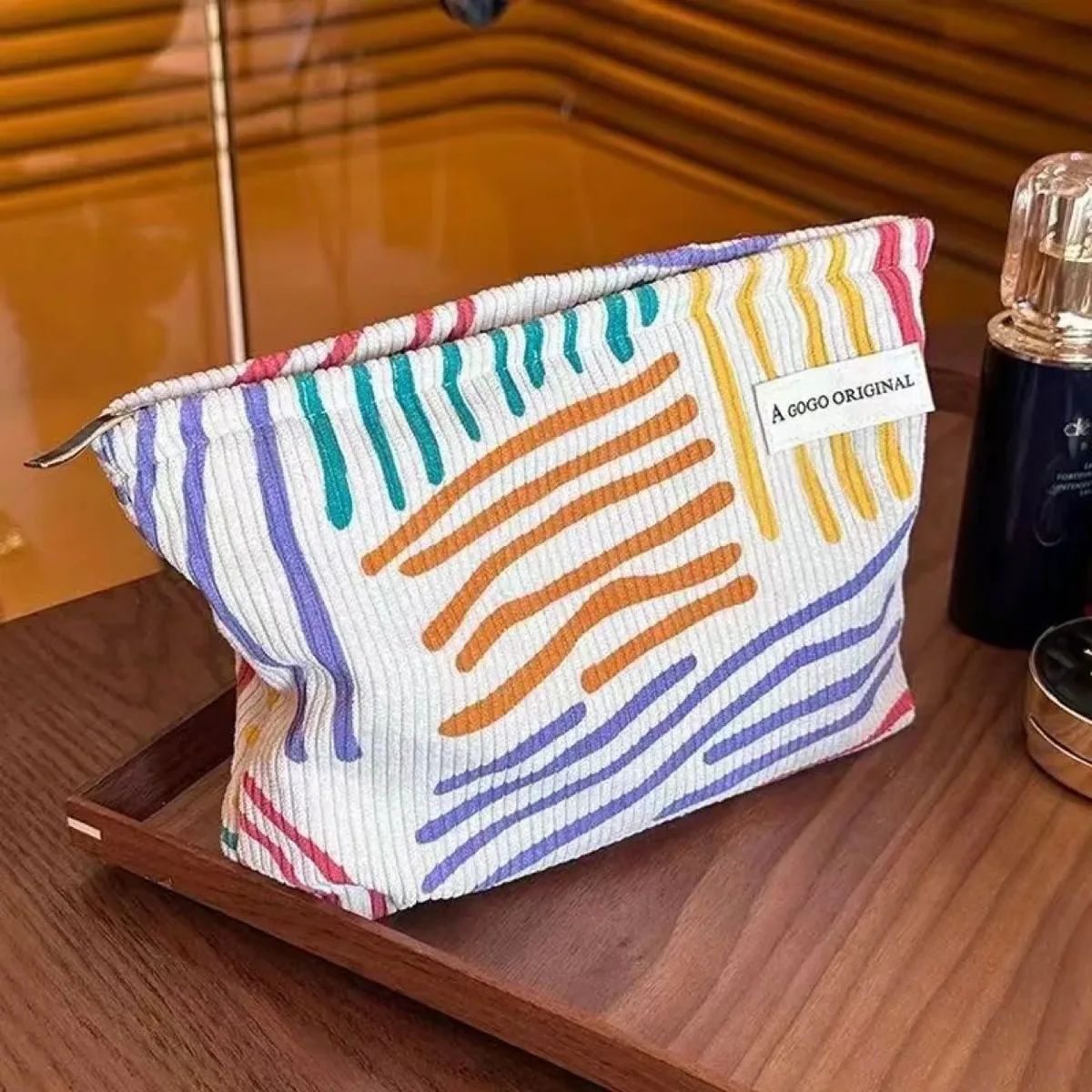 trousse de toilette en velours côtelé, sac de rangement portable rayé pour produits de soin, essentiels de voyage pour étudiants et déplacements professionnels