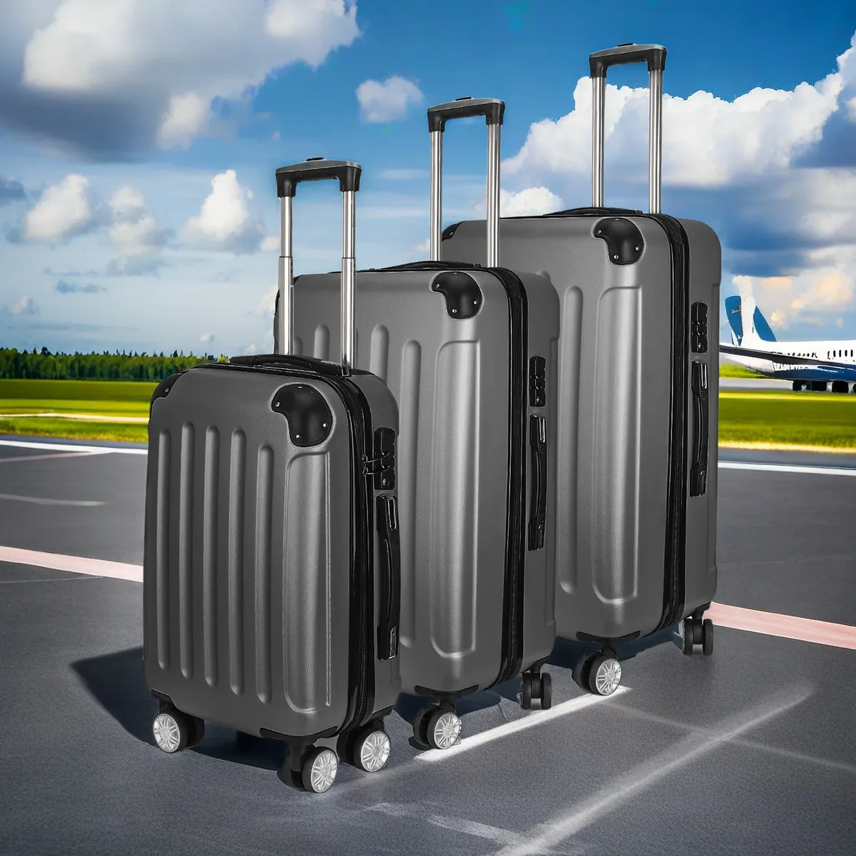 ensemble de bagages 3 pièces, valises rigides en abs avec serrure tsa et roulettes 360° ° valises à roulettes, sacs de voyage légers pour bagages à main, taille moyenne et grande, noir/gris