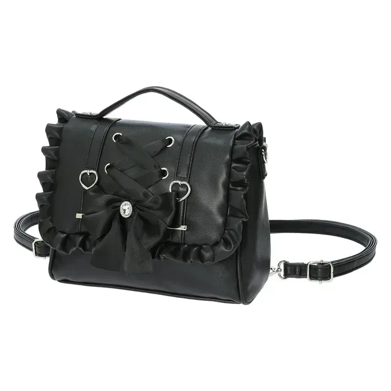 sac en cuir pu sweet lolita, sac à bandoulière avec nœud en cœur, style scolaire kawaii y2k jk, rose blanc noir, cadeau kawaii pour filles
