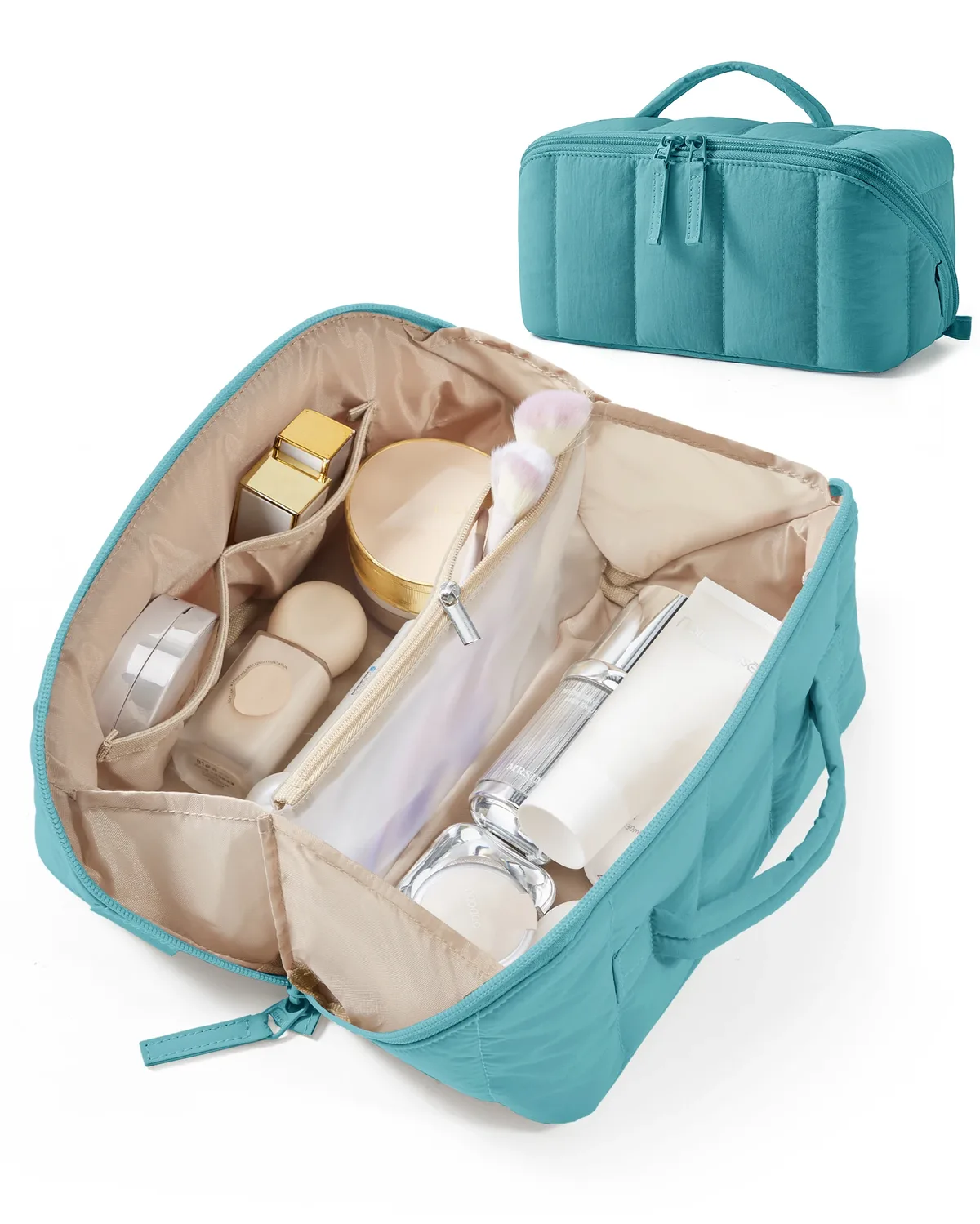 bagsmart trousse de maquillage de voyage matelassée pour femme, ouverture plate, résistante à l'eau, marron, trousse de toilette portable, organiseur de maquillage rembourré