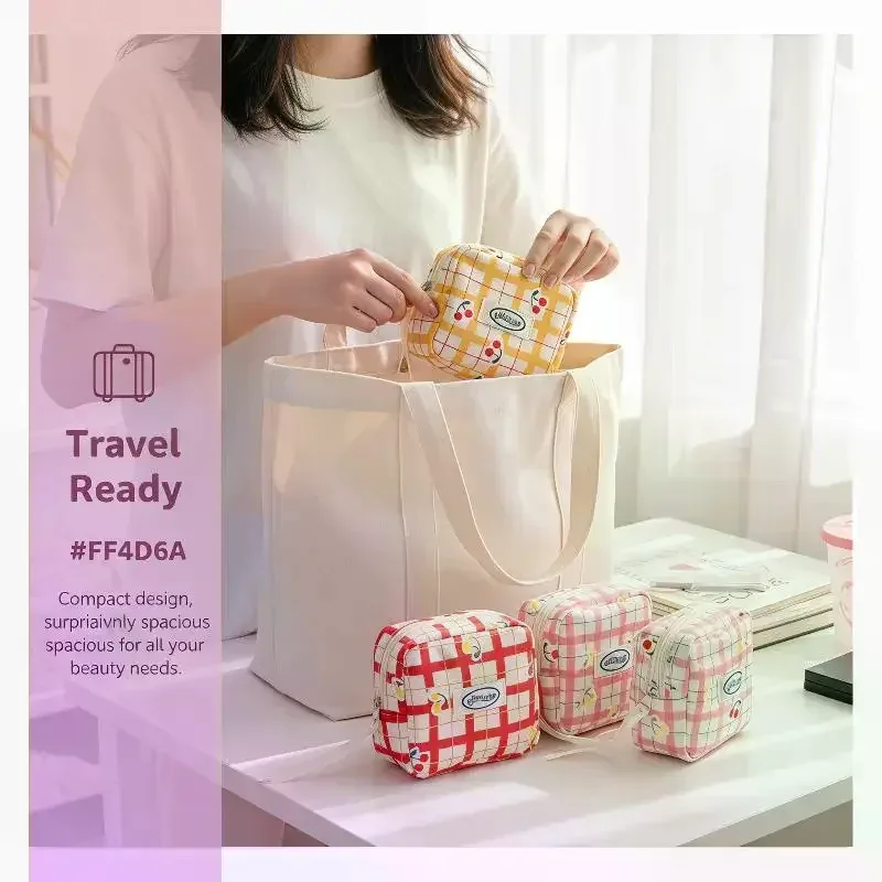 grande trousse de toilette coréenne à carreaux, sac à serviettes hygiéniques à petites cerises de grande valeur, mini sac de rangement portable, sac pour casque bluetooth