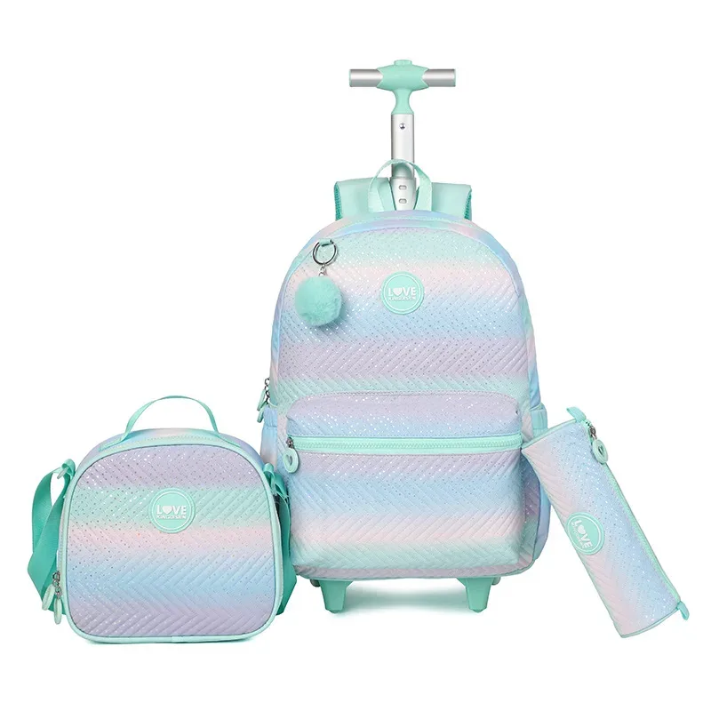 sac dos polyester forme rectangulaire motif bandes horizontales colorées pompons blancs roues poignée etudiante voyage sac école
