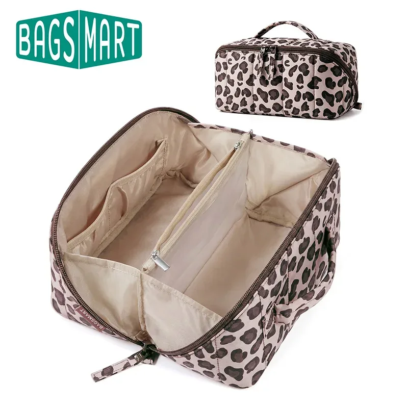 bagsmart trousse de maquillage de voyage matelassée pour femme, ouverture plate, résistante à l'eau, marron, trousse de toilette portable, organiseur de maquillage rembourré