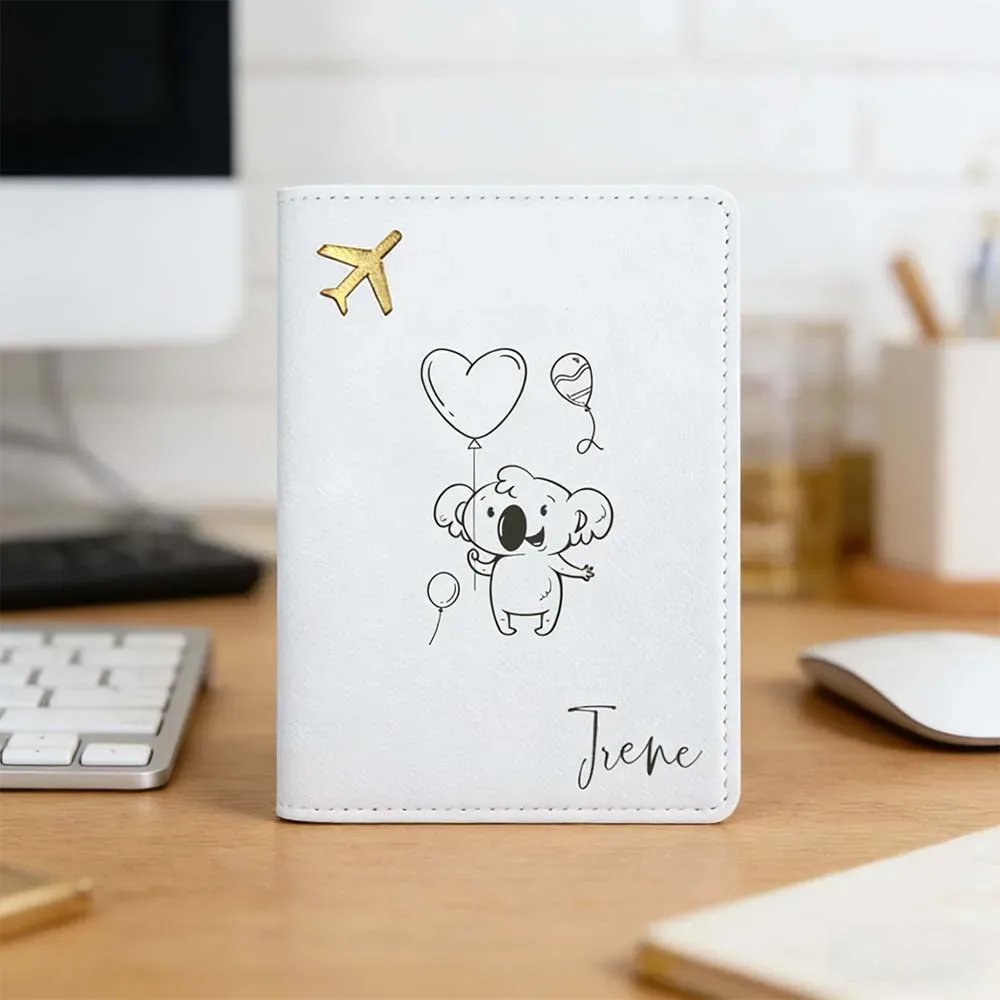 pochette ordinateur portable cuir bleu pastel motif koala ballons cœur irene bordure dorée voyage usage personnalisation cadeau souvenir