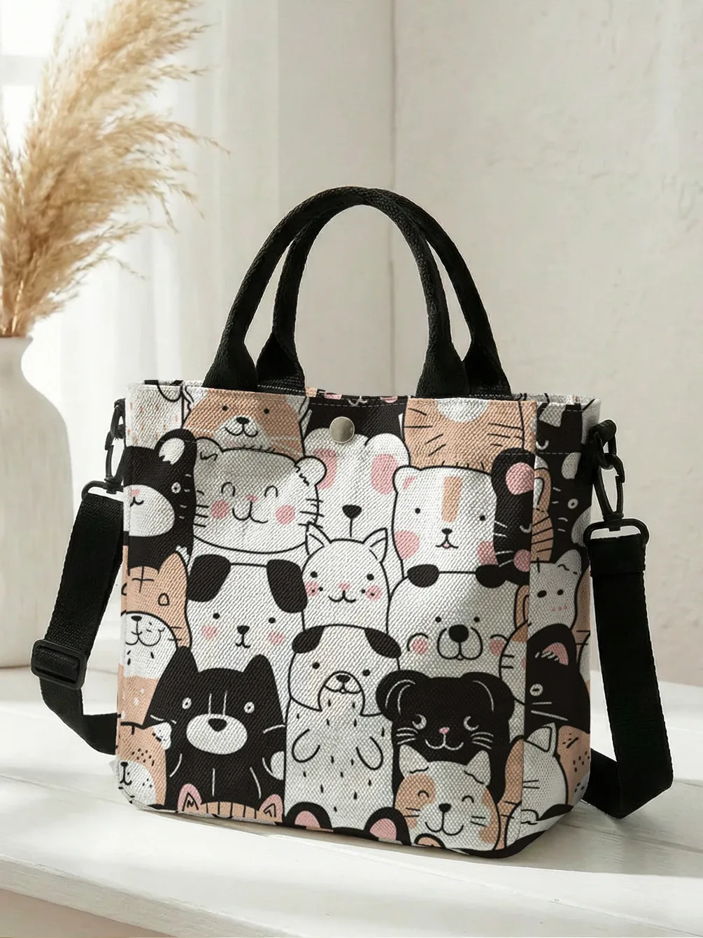 sac fourre-tout en toile à imprimé animalier mignon, avec bandoulière amovible, sac à main bandoulière pour femme, pour les courses quotidiennes