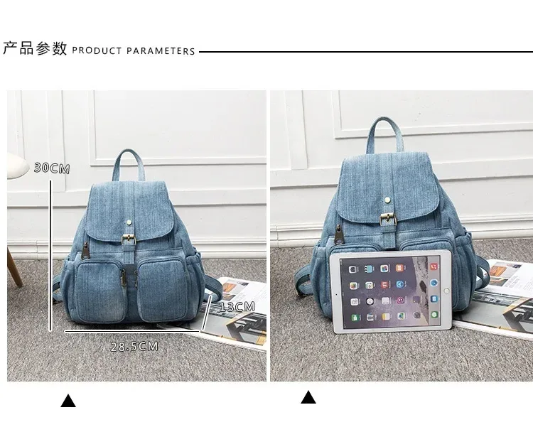 sac à dos en denim pour femmes, sac à bandoulière de loisirs et de voyage, grande capacité, cartable à la mode pour filles