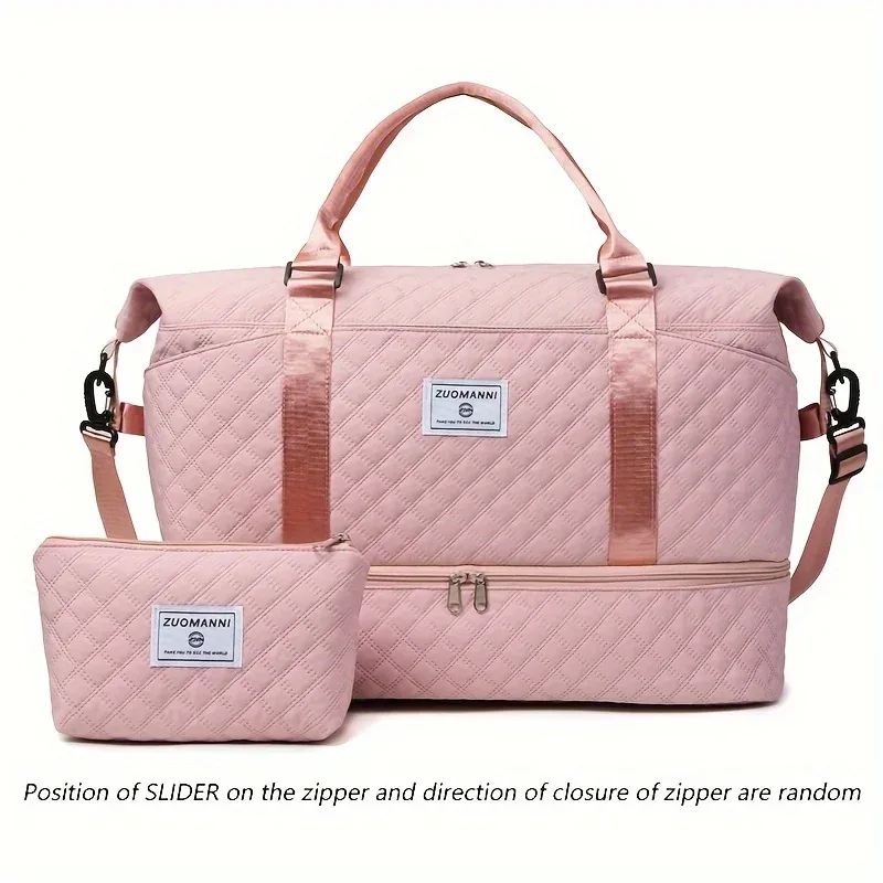 sac voyage nylon motif géométrique relief beige grande capacité bandoulière pochette cosmétiques transport week end