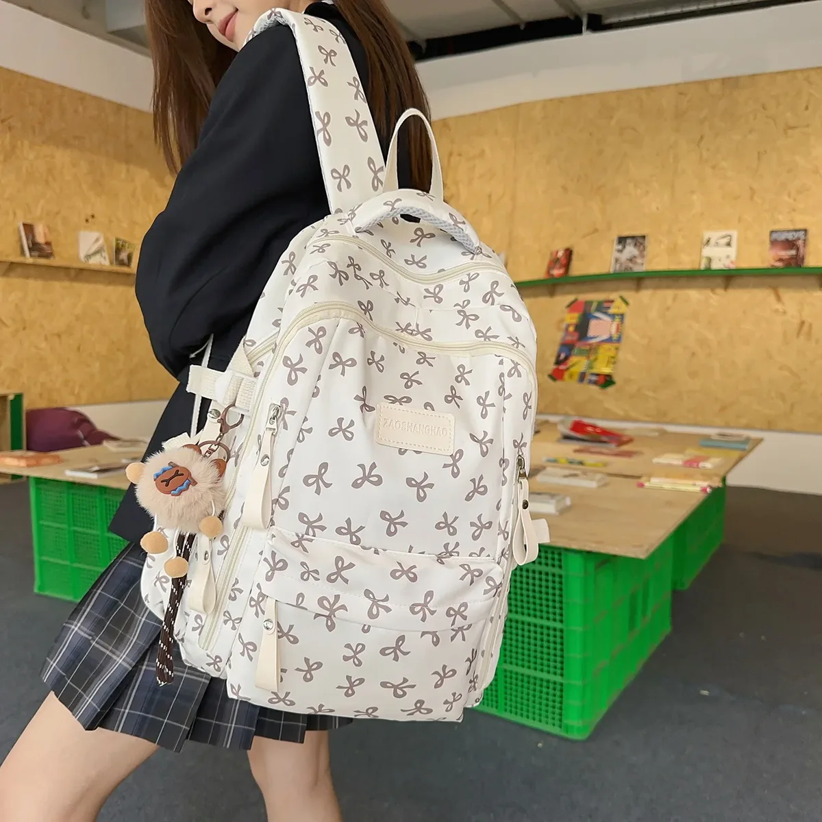 sac à dos en nylon style écolière jeune, capacité 20-35l pour ordinateur portable 14 pouces, motif nœud papillon, bandoulière en arc