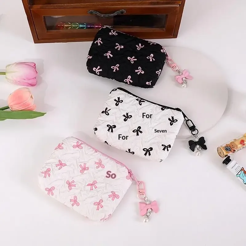 trousse de maquillage en tissu avec nœud mignon, pochette cosmétique pour femme, organiseur de voyage portable pour rouge à lèvres et écouteurs, petite pochette de rangement