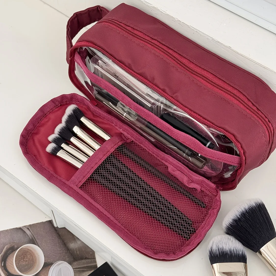 sac à cosmétiques portable, trousse de maquillage de voyage grande capacité, organiseur pour femmes, trousse de toilette pour voyager avec poignée et séparateur