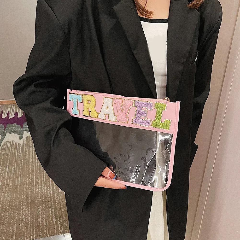 sac à cosmétiques en pvc transparent avec patchs de lettres, pochette de voyage pour femmes, pochettes de maquillage, trousse de toilette