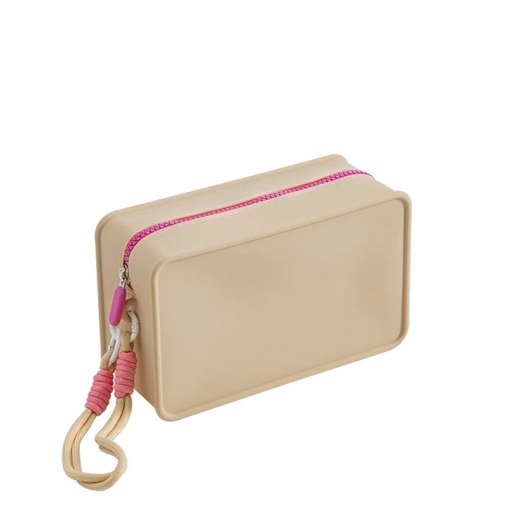 sac de maquillage en silicone couleur bonbon, avec corde de poignet tressée, sacs à cosmétiques portables avec lanière, sac de toilette étanche à fermeture éclair pour rouge à lèvres