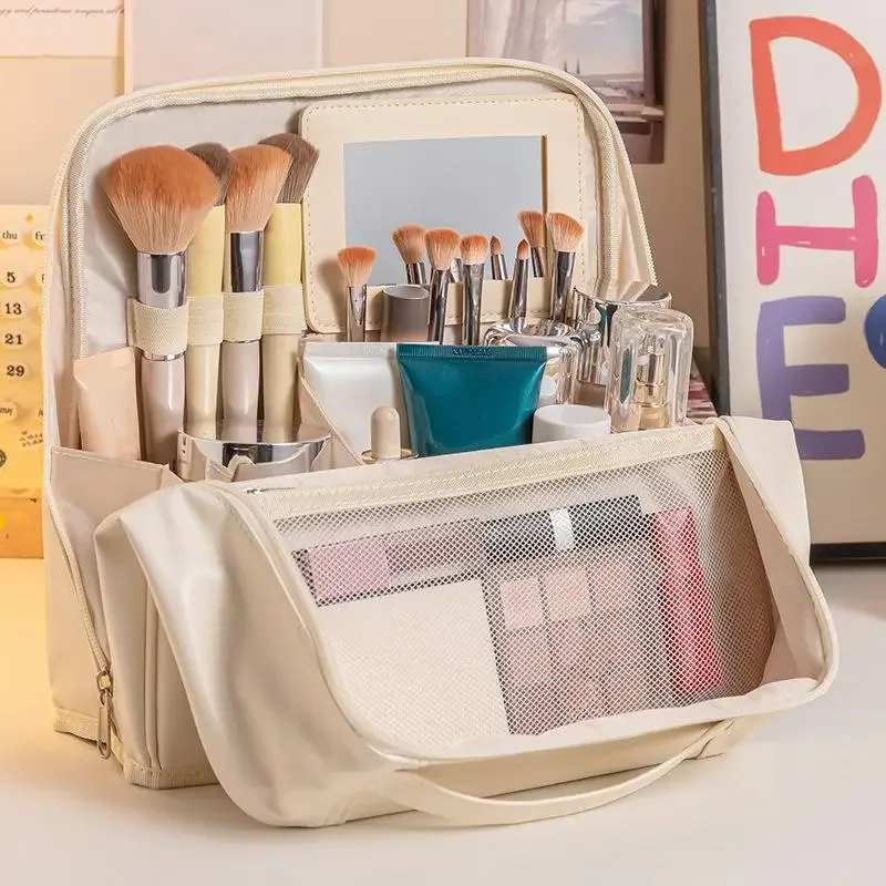 sac à cosmétiques imperméable de grande capacité avec miroir, organisateur de rangement de maquillage de voyage pour femmes【smq】