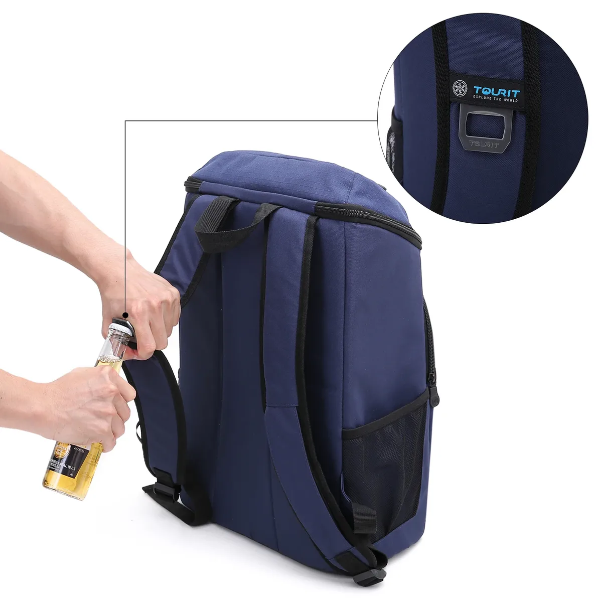 sac dos bleu marine nylon durables poches latérales zip grande ouverture motif diagonal orange bande voyage sport plage randonnée picnic