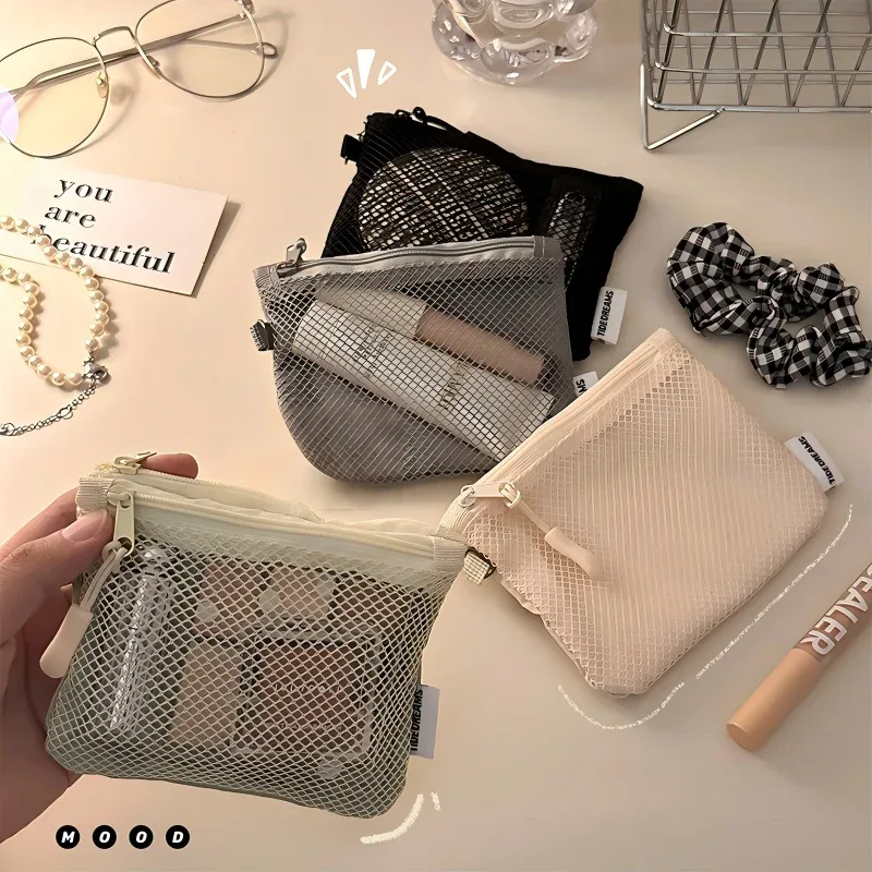 sac en maille de couleur unie, fermeture éclair double couche, mini sac de rangement pour articles divers, portefeuille portable, sac pour rouge à lèvres et cosmétiques