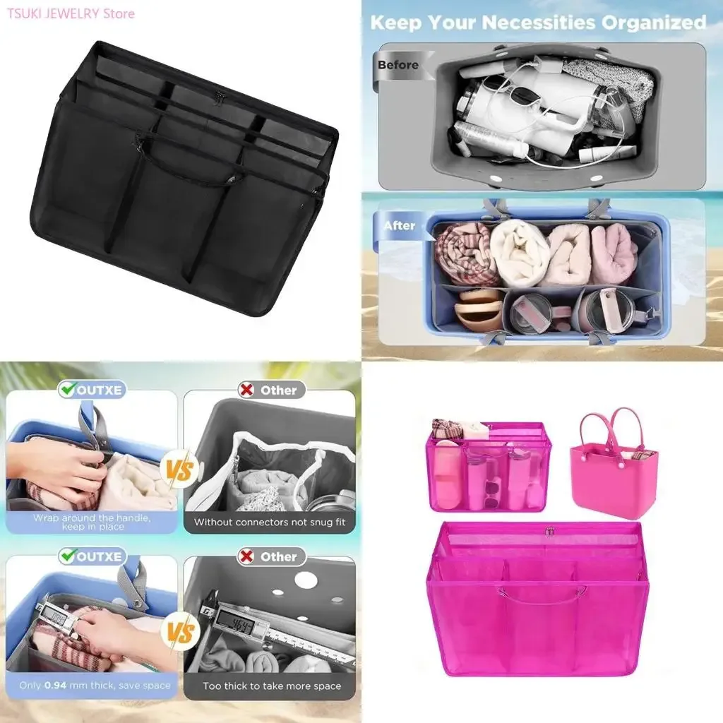 Organisateur Voyage Sac Plage Tissu Ripstop Maille Poignées Latérales Rose Noir Marron Compartiments Pochette Zippée Clip Mousqueton