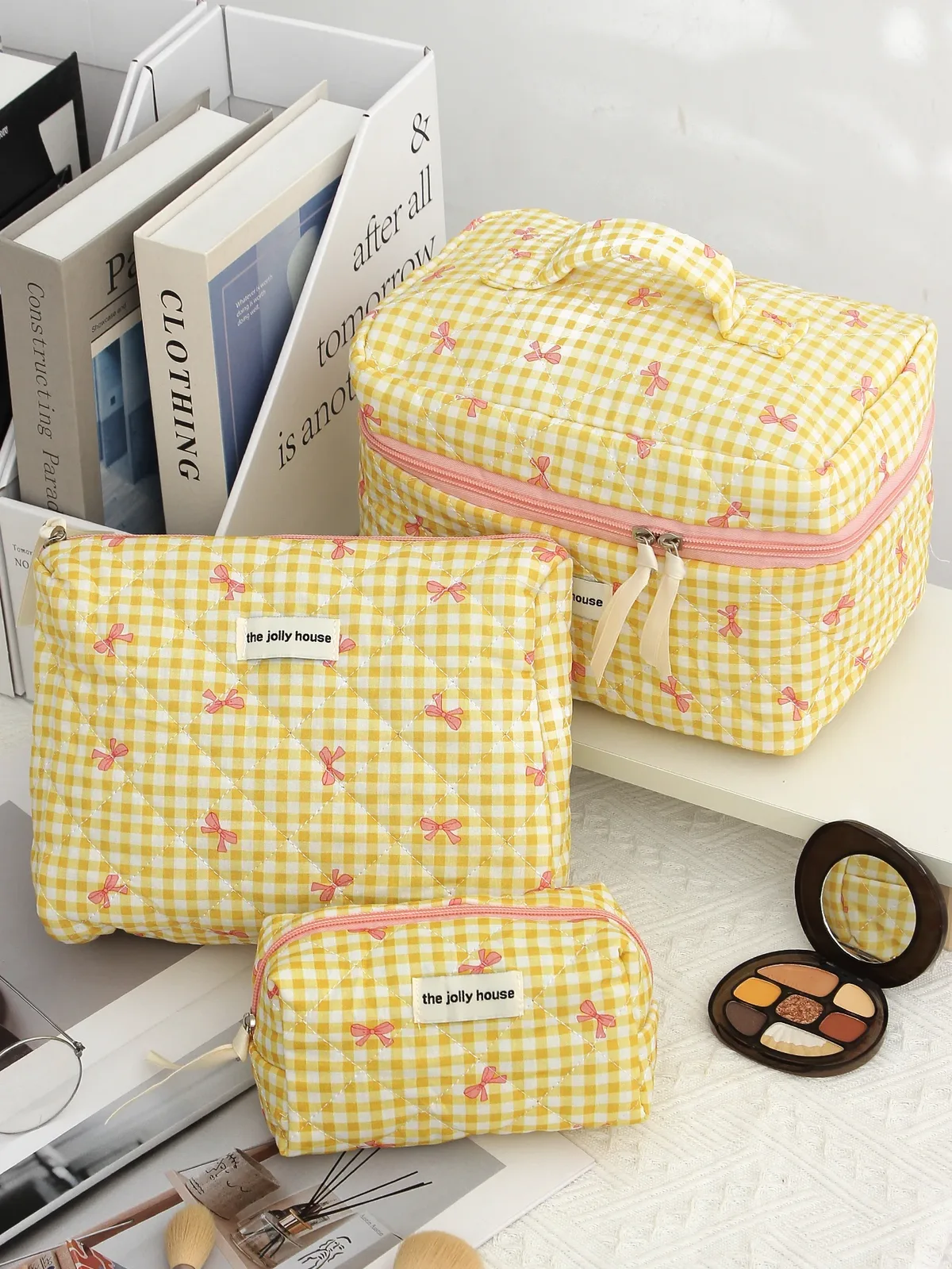 Trousse Polyester Carreaux Jaunes Nœuds Roses Voyage Cosmétiques Maquillage Grande Capacité S M XL