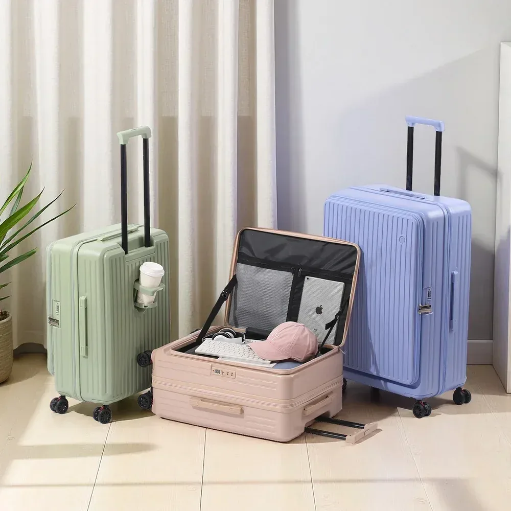 valise extensible multifonctionnelle à ouverture frontale avec porte-gobelet, bagage de grande capacité 360 ° roues amortissantes 20' 24' 28'