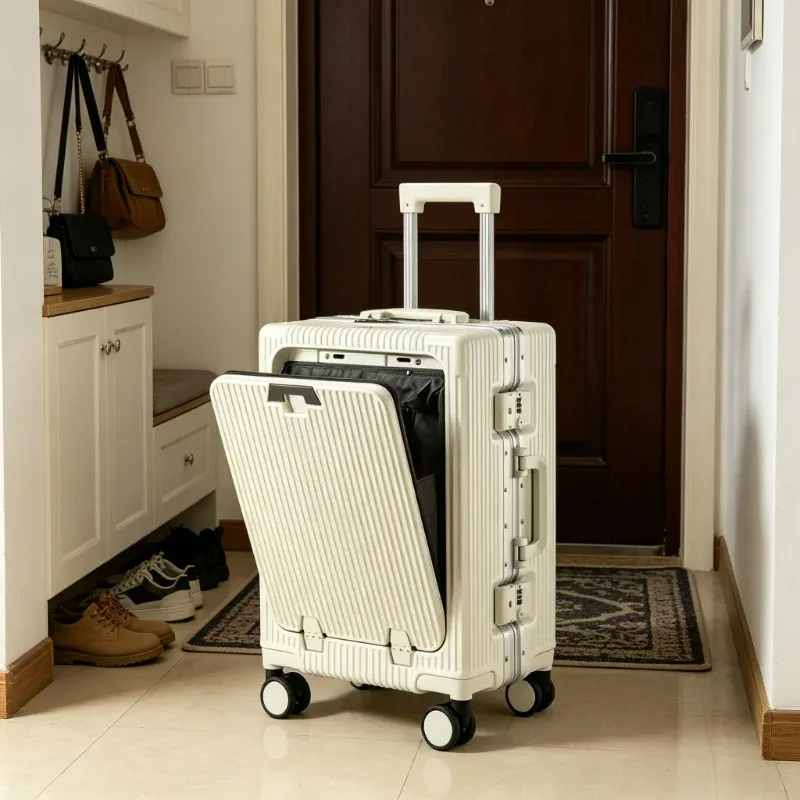Valise à bagages roulante de grande capacité, ouverture frontale, cadre en aluminium ABS + boîtier de chariot pour PC, valise d'embarquement avec chargeur USB