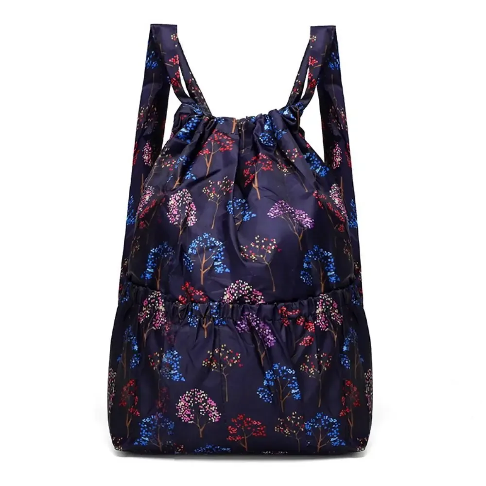 sac à cordon imprimé floral, sac de shopping portable en polyester de grande capacité, sac de voyage léger et étanche pour adolescentes