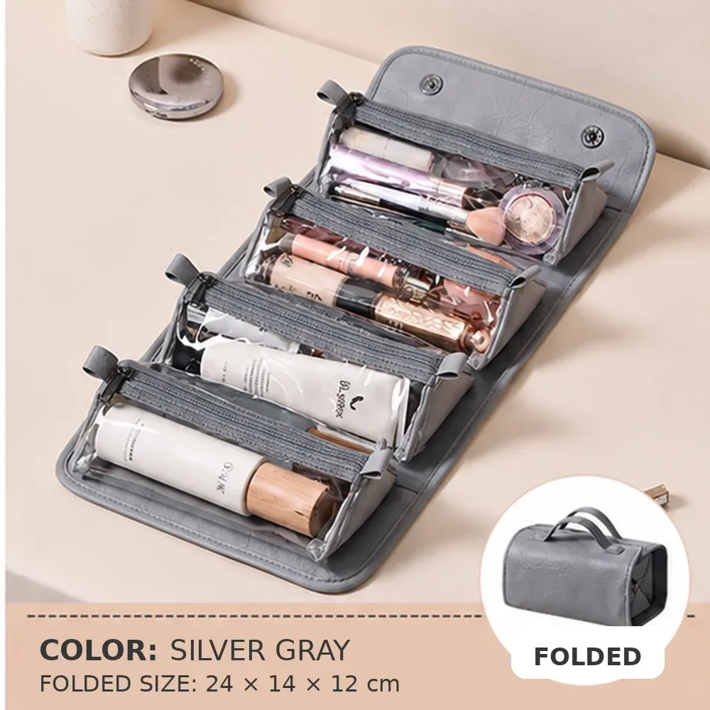 trousse de maquillage de voyage pour femmes en déplacement professionnel, 4 pochettes transparentes détachables, organiseur de cosmétiques et de toilette pliable à suspendre