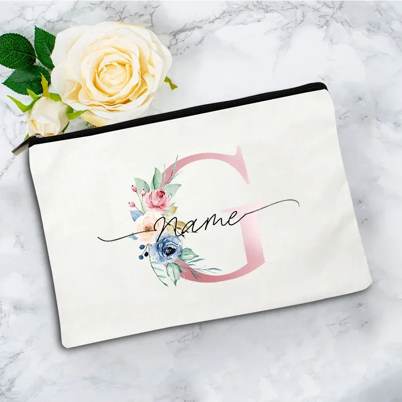 trousse de maquillage personnalisée rose à motifs floraux avec initiale, pochette cosmétique en toile personnalisée, organisateur de voyage pour articles de toilette pour femmes
