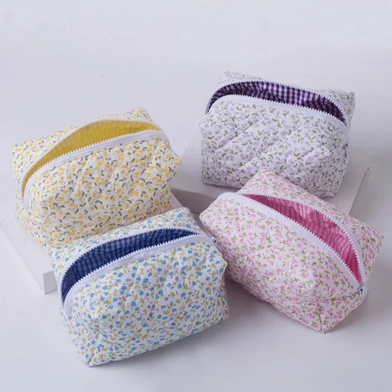 1pc fleur imprimé gonflé matelassé fermeture éclair maquillage sac organisateur de rangement toilette sac à main pochette cosmétique grand voyage sac cosmétique