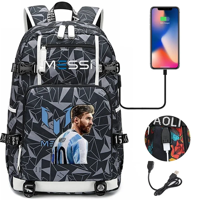 sac à dos de sport de football messi en tissu oxford avec fermeture à loquet, grande capacité, pour ordinateur portable, loisirs, voyage, école et étudiants