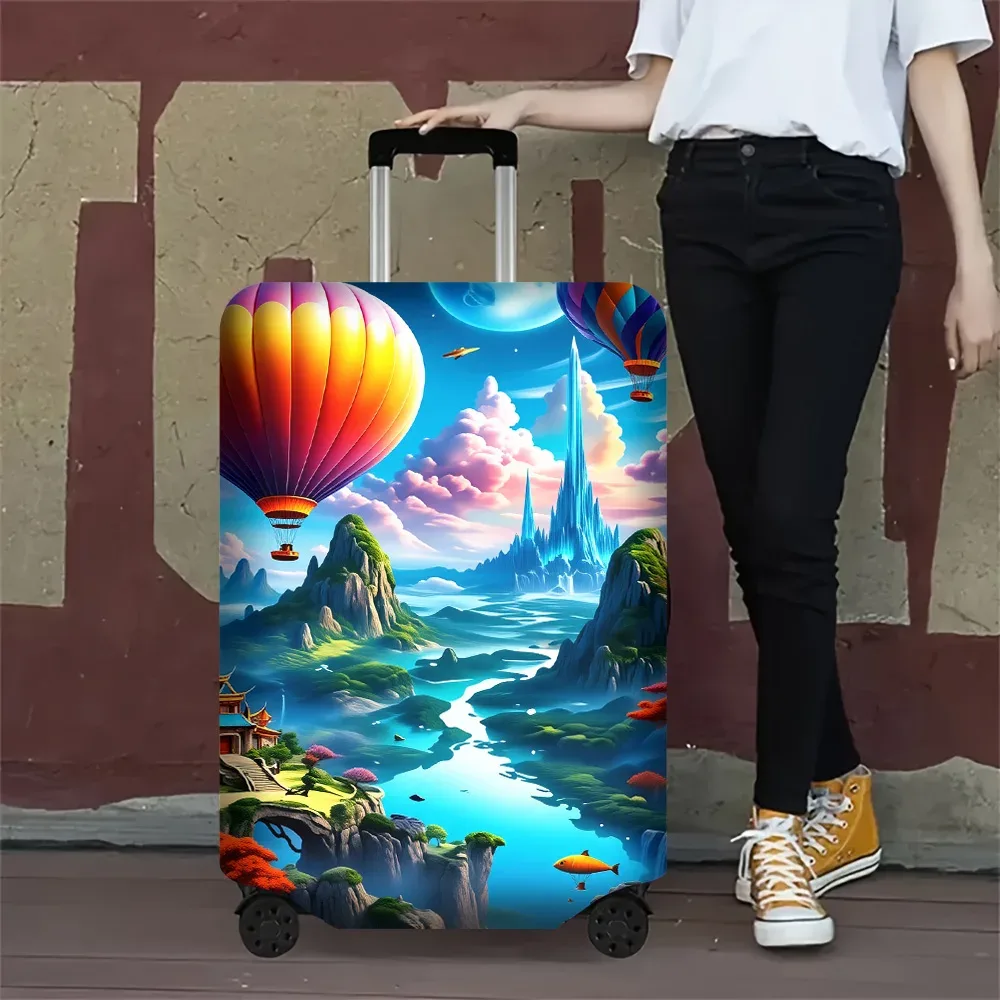 housse valise polyester motif montgolfières nuages roses lune paysage nuit protection voyage noir bleu gris