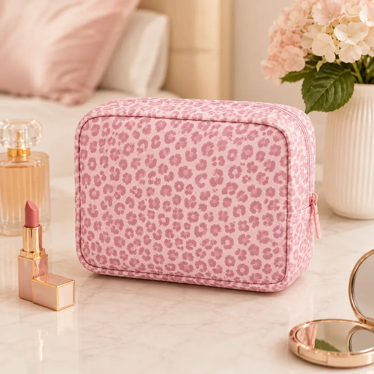 trousse à cosmétiques rose à motif léopard, trousse de maquillage souple à fermeture éclair, organiseur de toilette de voyage, pochette de beauté, étui de rangement pour cosmétiques pour femmes