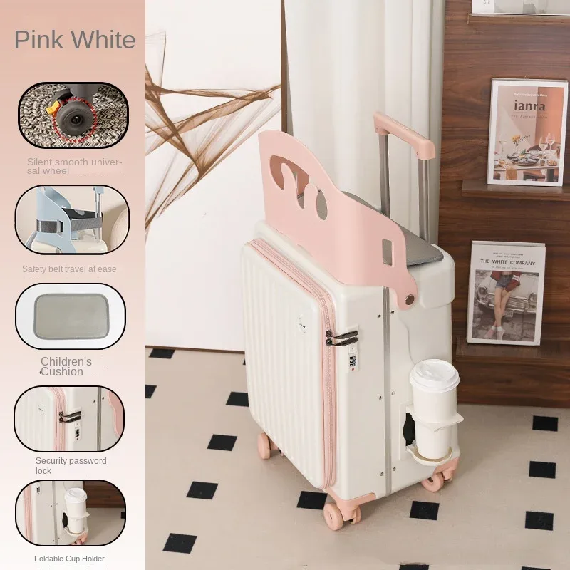 nouvelle valise pour enfants sur laquelle on peut s'asseoir, 20/22/24 pouces, valise à roulettes avec ouverture frontale, robuste et épaissie, avec porte-gobelet.