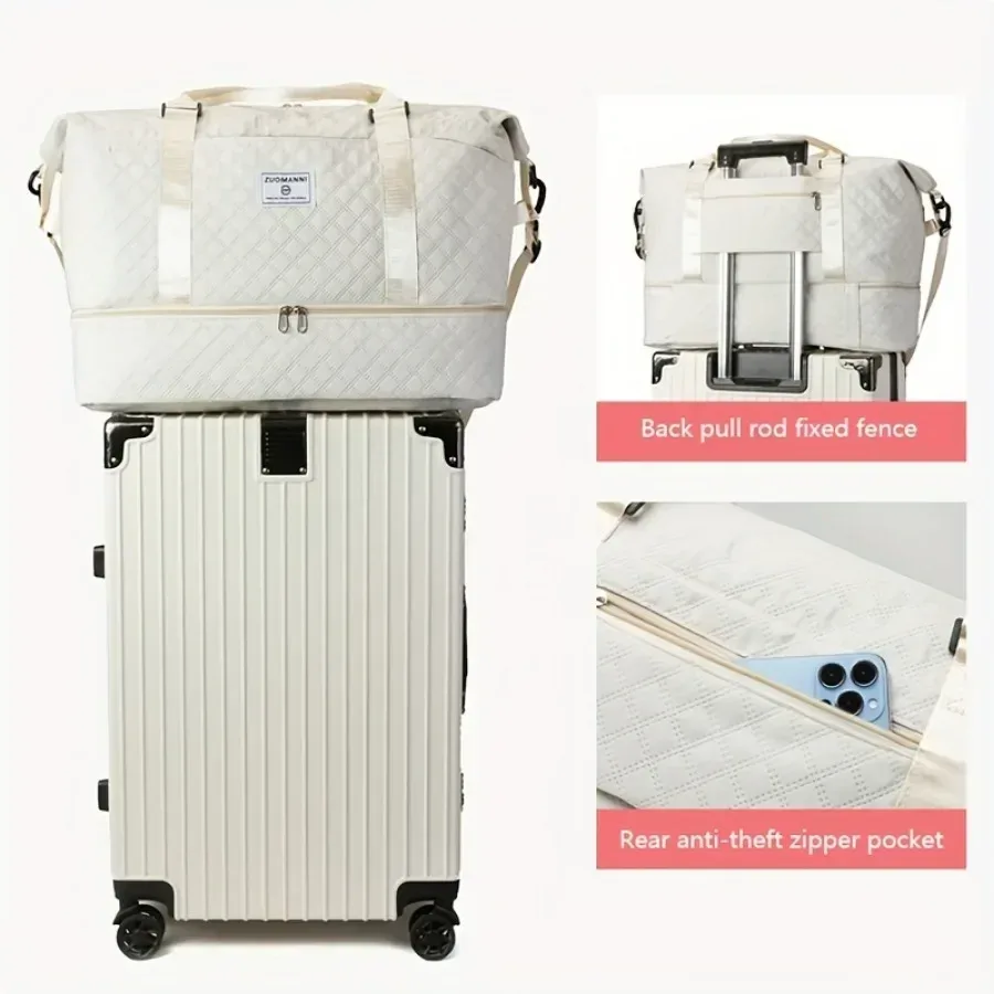 sac voyage nylon motif géométrique relief beige grande capacité bandoulière pochette cosmétiques transport week end