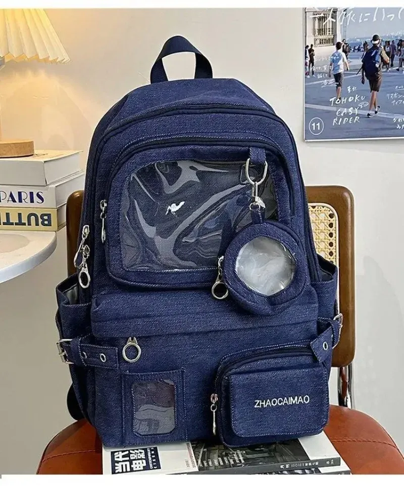 sac dos jean polyester noir bleu beige forme rectangulaire poches latérales transparentes visibilité intérieure informatique ceinture air décontracté usage quotidien