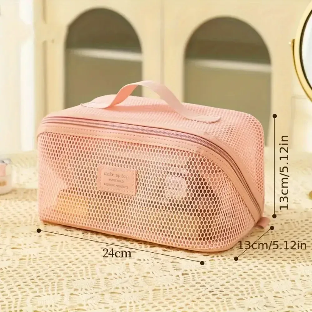 sac à cosmétiques en maille pour femmes et filles, sac de maquillage léger et portable avec poignée, sac de rangement ajouré pour le voyage