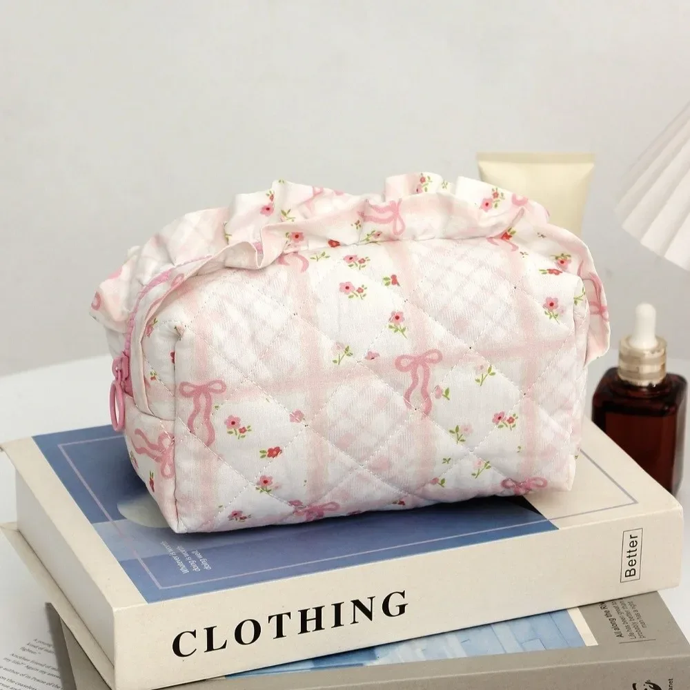 pochette de maquillage matelassée à bords volantés portable, avec nœud, grande capacité, sac de rangement cosmétique, imprimé floral, trousse à crayons