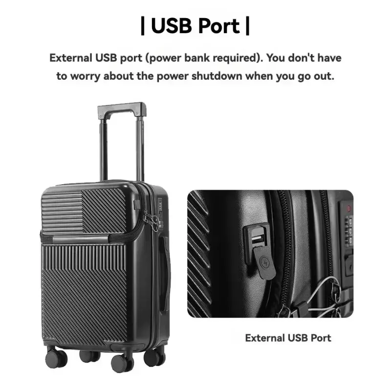 valise de poche à ouverture avant, bagages roulants de voyage, chariot en alliage d'aluminium abs + étui pour pc avec roue rotative, port de chargement usb