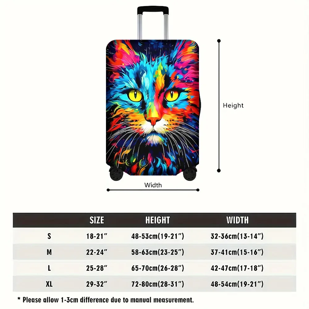 housse valise polyester motif chat yeux jaunes couleurs vivantes poignées rouges noires protection voyage