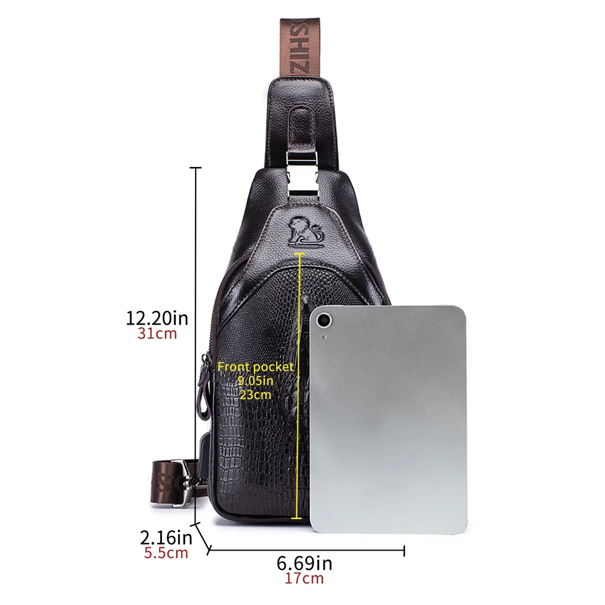 sac de poitrine en cuir pour hommes, sac à bandoulière, sac multifonctionnel à motif crocodile avec sac à bandoulière de chargement usb