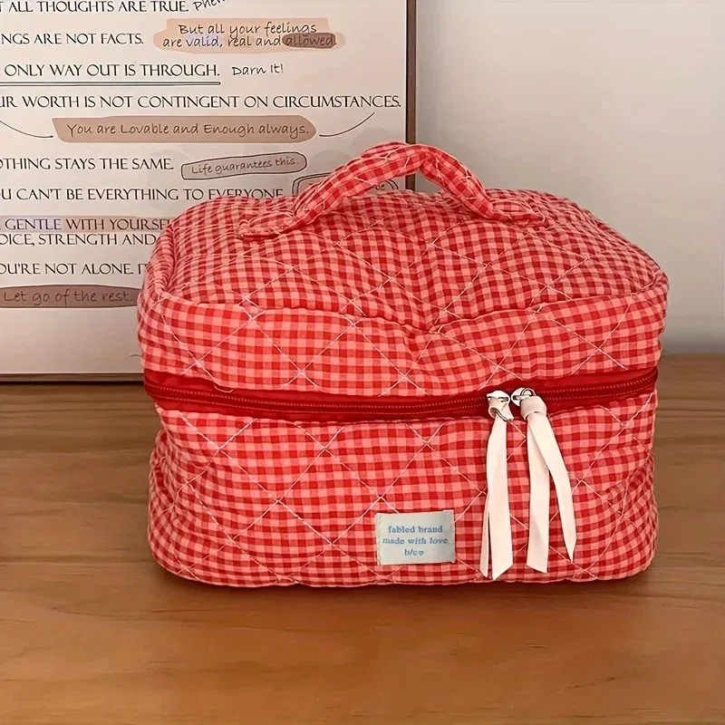 trousse de maquillage à carreaux, sac à cosmétiques portable de grande capacité pour femmes et filles, trousse de toilette de soins de la peau, pochette portefeuille multifonctionnelle mignonne