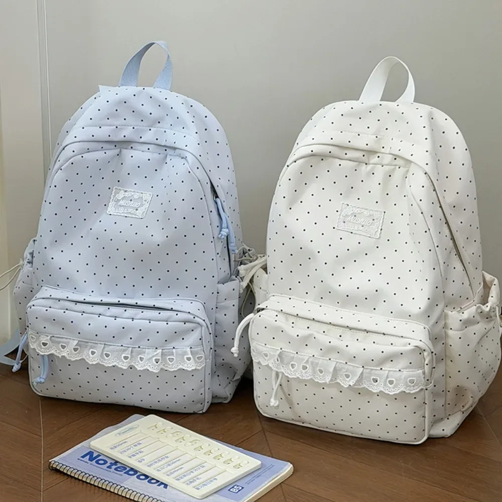 sac à dos de voyage mignon à pois avec dentelle, grande capacité, cartable d'étudiant en nylon, sac à dos multi-poches pour ordinateur portable
