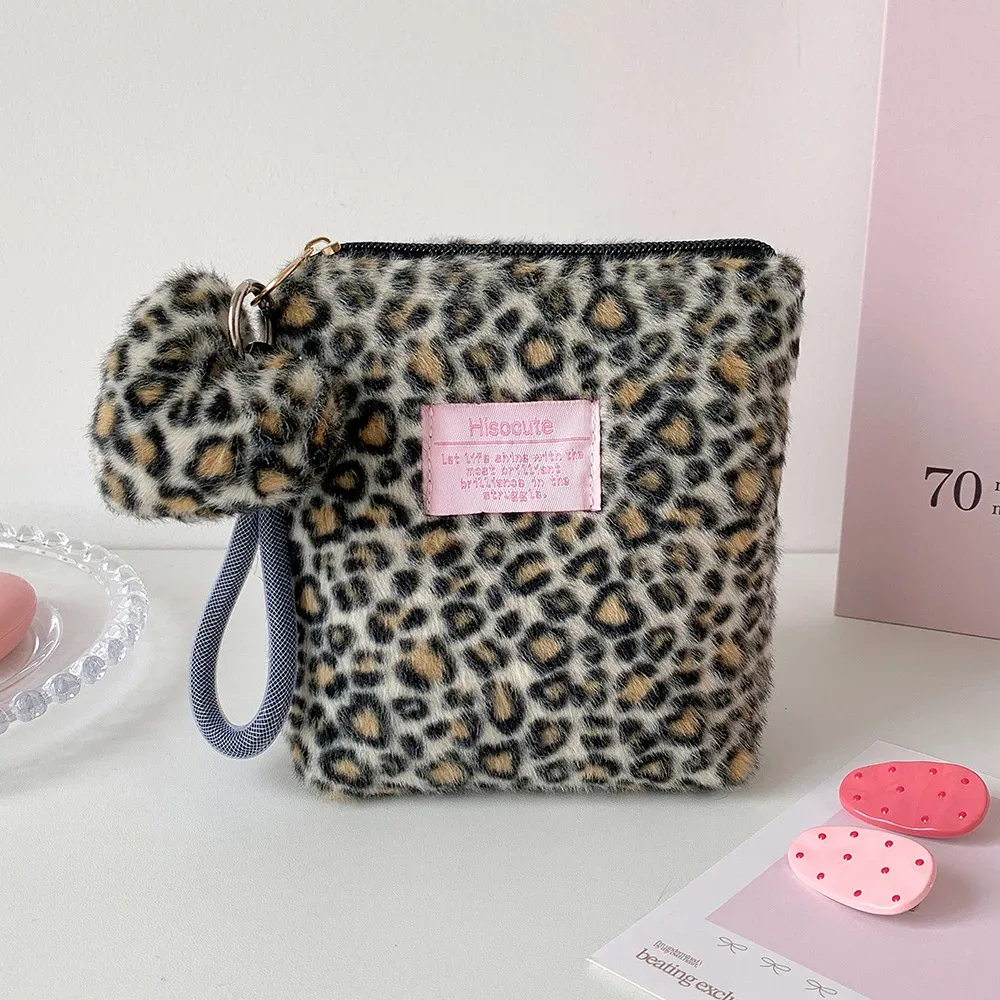 nouvelle trousse de maquillage vintage en peluche imprimé léopard pour filles, organisateur portable de soins de la peau, petite trousse de toilette pour étudiantes, pochette femme