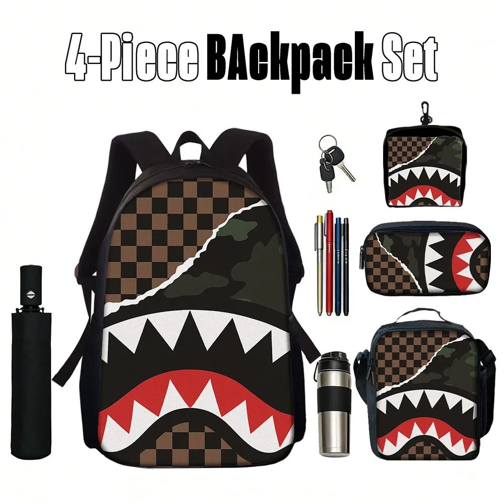 sac dos polyester requin dents camouflage carreaux bleu gris beige noir usage quotidien école aventures