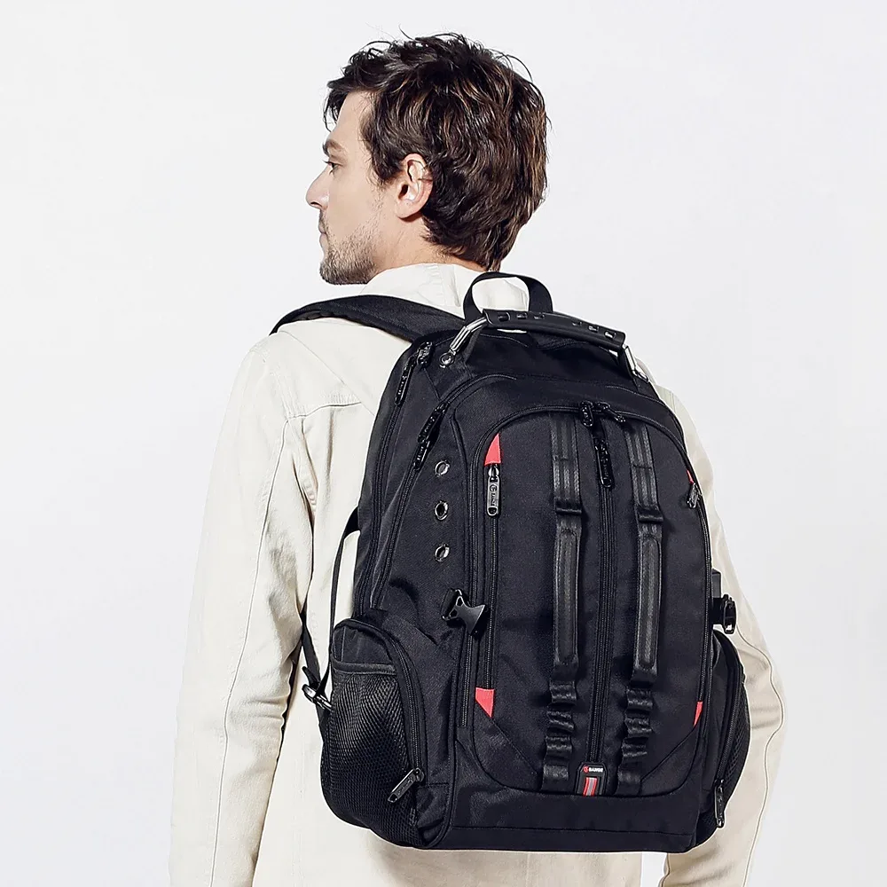 sac dos oxford polyester noir gris rouges poches latérales compartiment principal port usb voyage décontracté