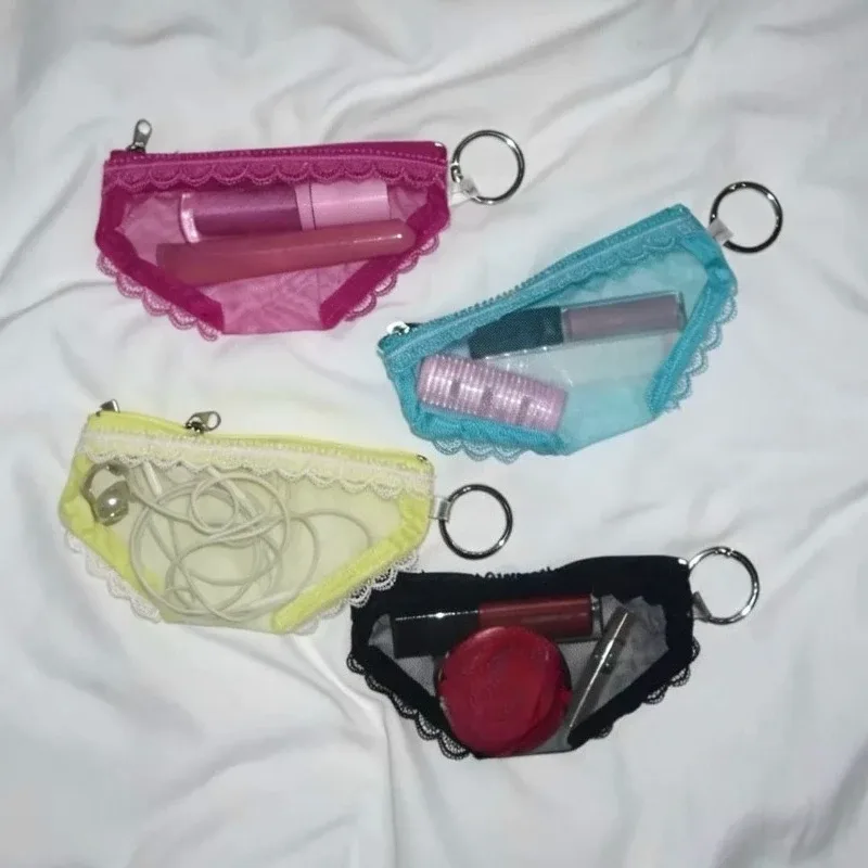 Pochette de rangement transparente en maille tendance avec bordure en dentelle, pour cosmétiques, maquillage, bijoux et écouteurs, décorative avec fermeture éclair