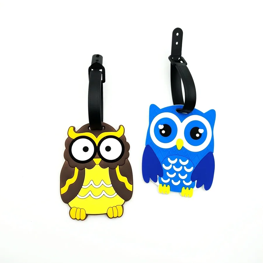 étiquette bagage pvc hibou bleu jaune marron oeil grand ouvert accessoire voyage identification anti perte aéroport