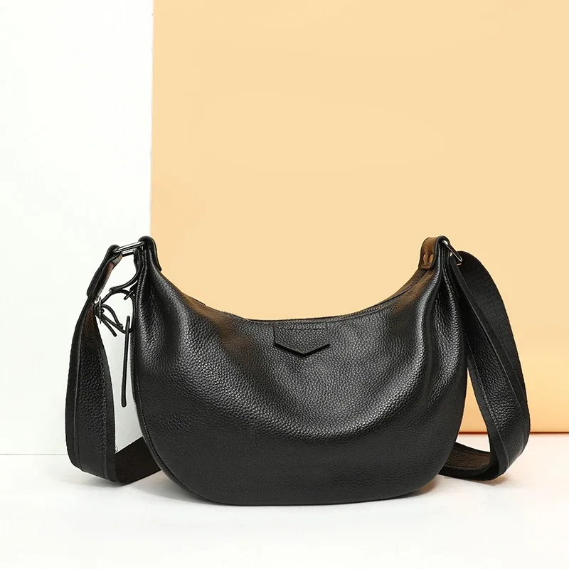 Nouveaux sacs pour femmes en cuir véritable 100%, sacs à main sous le bras, couleur unie, sac à main pour les trajets quotidiens, sac à bandoulière portable réglable en forme de demi-lune pour femmes