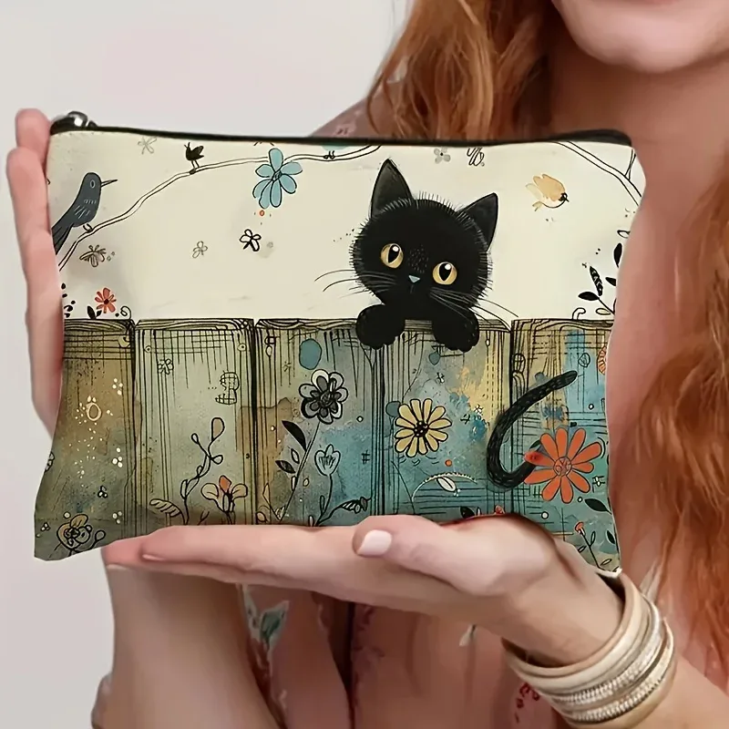 charmant chat noir et pochette à fermeture éclair au design floral, trousse à cosmétiques avec illustration vibrante, pochette de maquillage portable