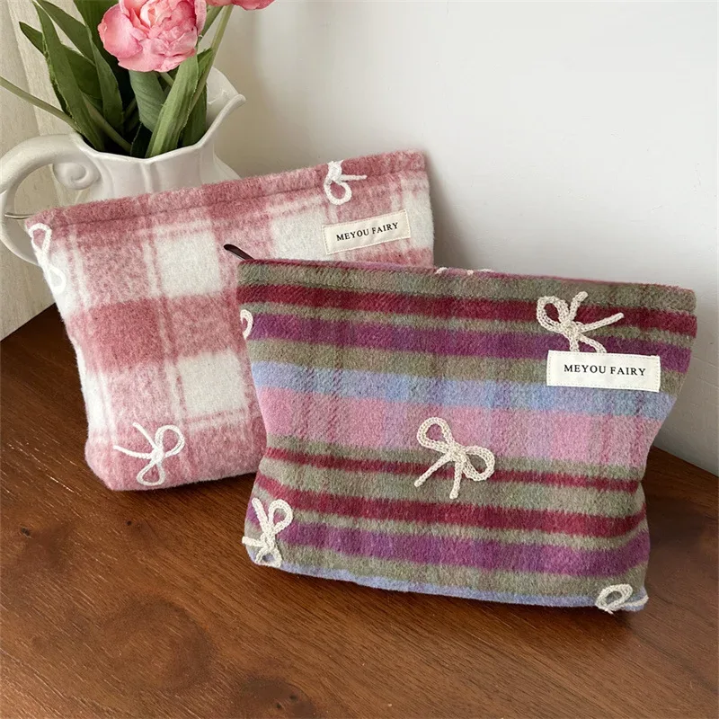 sac de maquillage à carreaux doux pour la saint-valentin, nouvel an, organisateur d'arc en tweed, trousse de toilette de grande capacité, pochette de transport à main portable